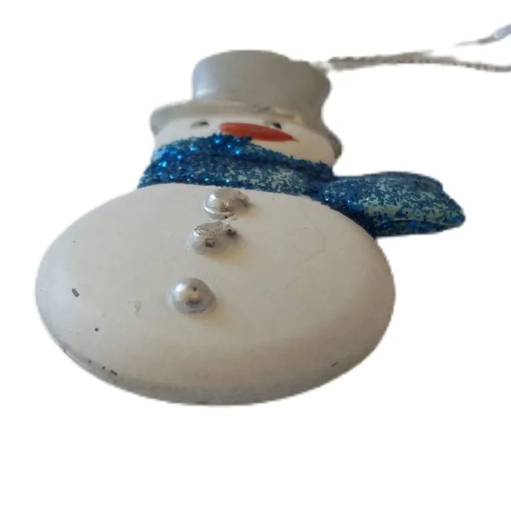 Snowman Ornament Glitter Acrylic Blue White Frosty Winter Snow Whimsical Holiday